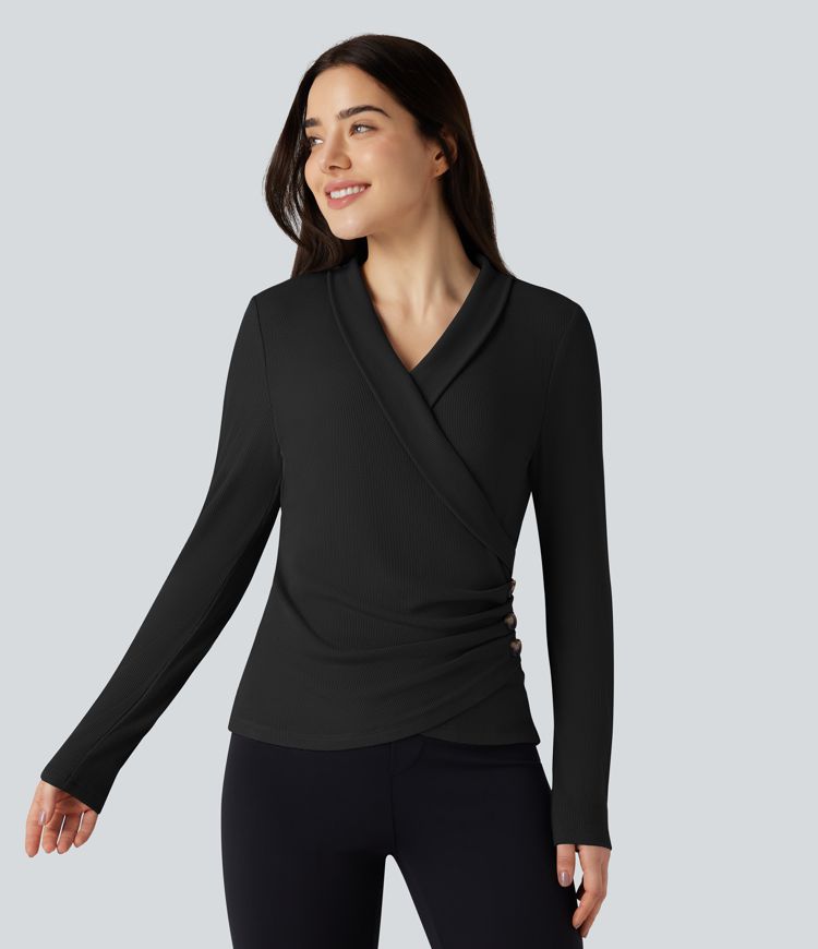 Ribbed Knit V-neck Crossover Long Sleeve Work Top