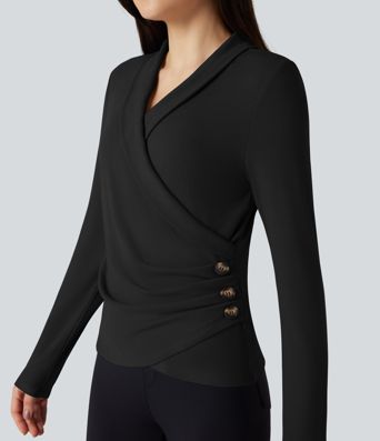 Ribbed Knit V-neck Crossover Long Sleeve Work Top