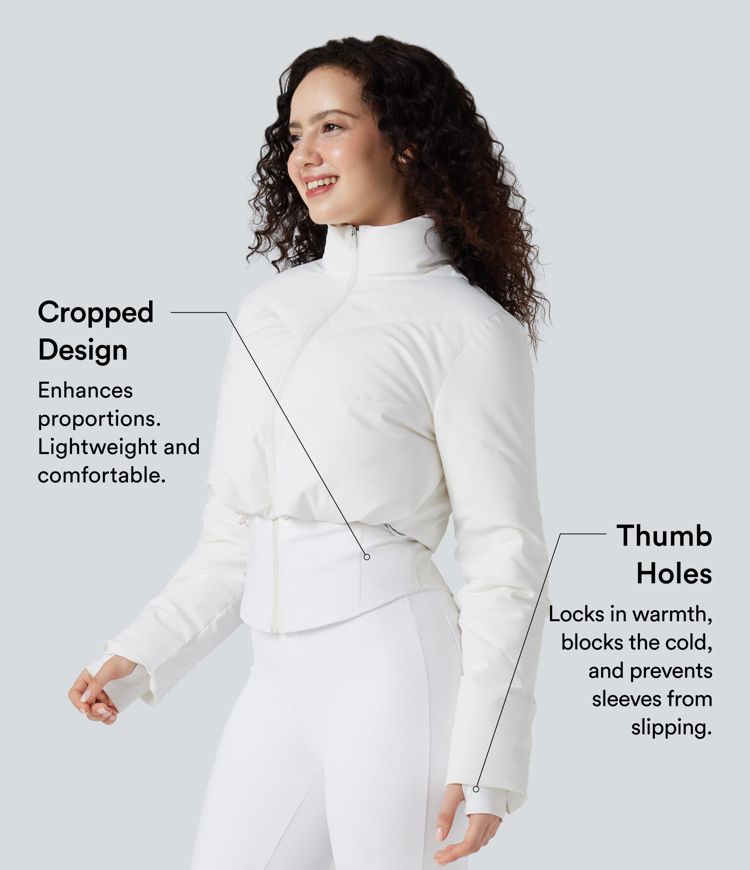PuffFlex 3-in-1 Stand Collar Casual Cropped Puffer Coat & Thumb Holes Curved Hem Jacket with Pocket