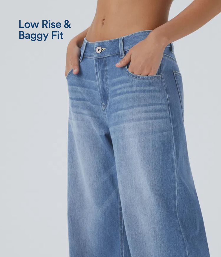 Halara Flex™ Low Rise Zipper Pockets Washed Baggy Wide Leg Casual Jeans