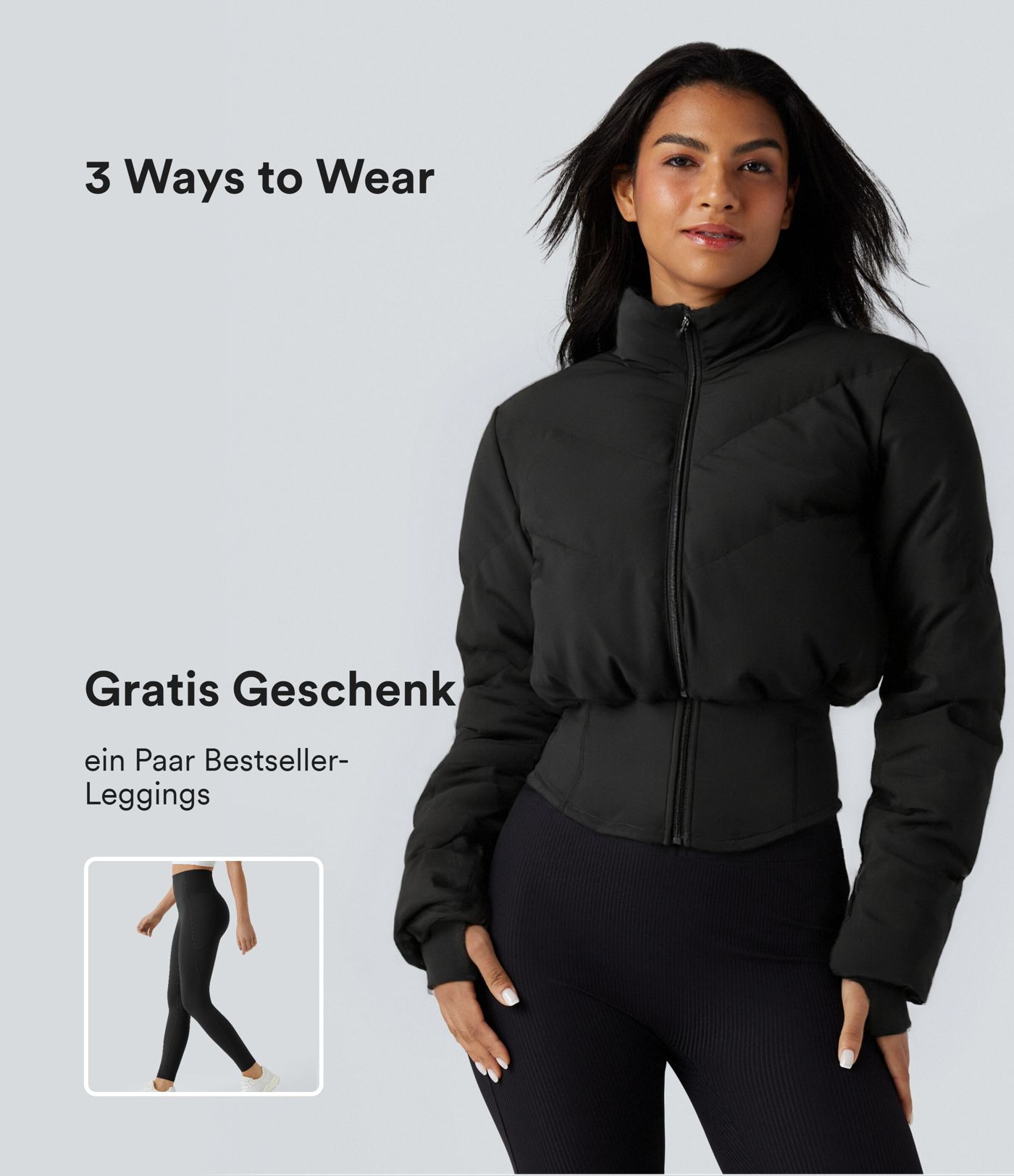 Lässige, kurze 3-in-1 Stretch-Pufferjacke mit Stehkragen, Seitentaschen, langen Ärmeln, Daumenlöchern und geschwungenem Saum