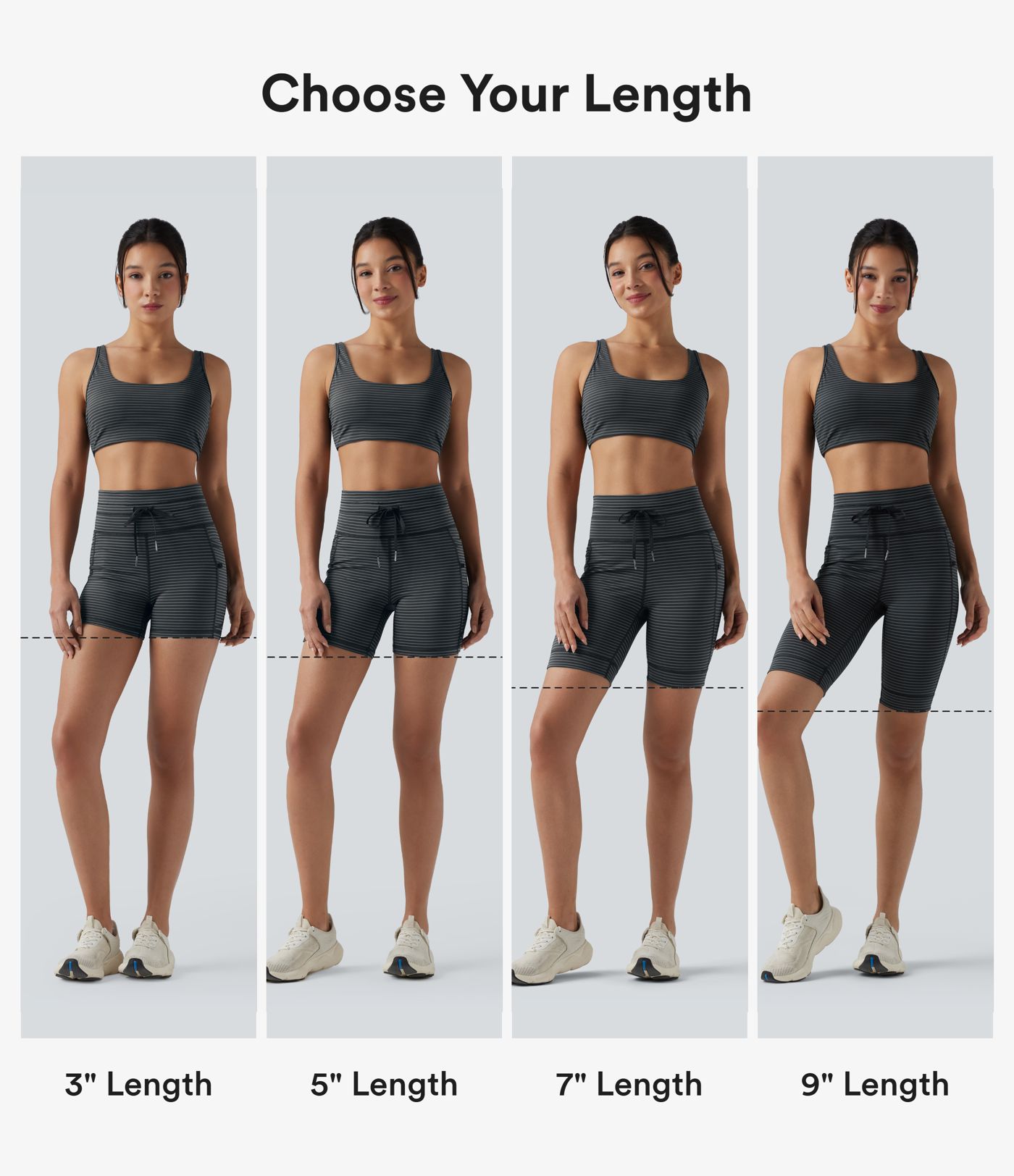 Short cycliste de yoga taille haute à rayures avec cordon de serrage 12,5 cm et poches