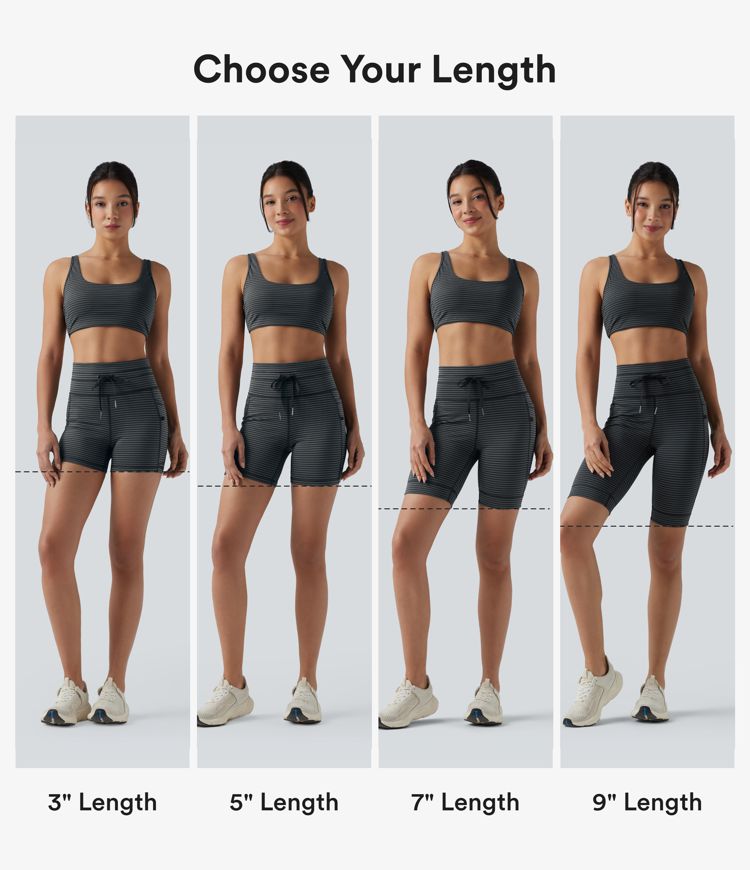 Yoga-Shorts mit hohem Bund, Seitentaschen, Kordelzug und Streifen - 17,8 cm