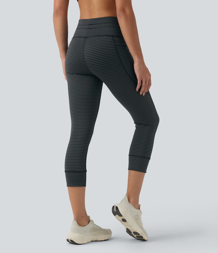 High Waisted Drawstring Stripe Capri Yoga Leggings with Pockets