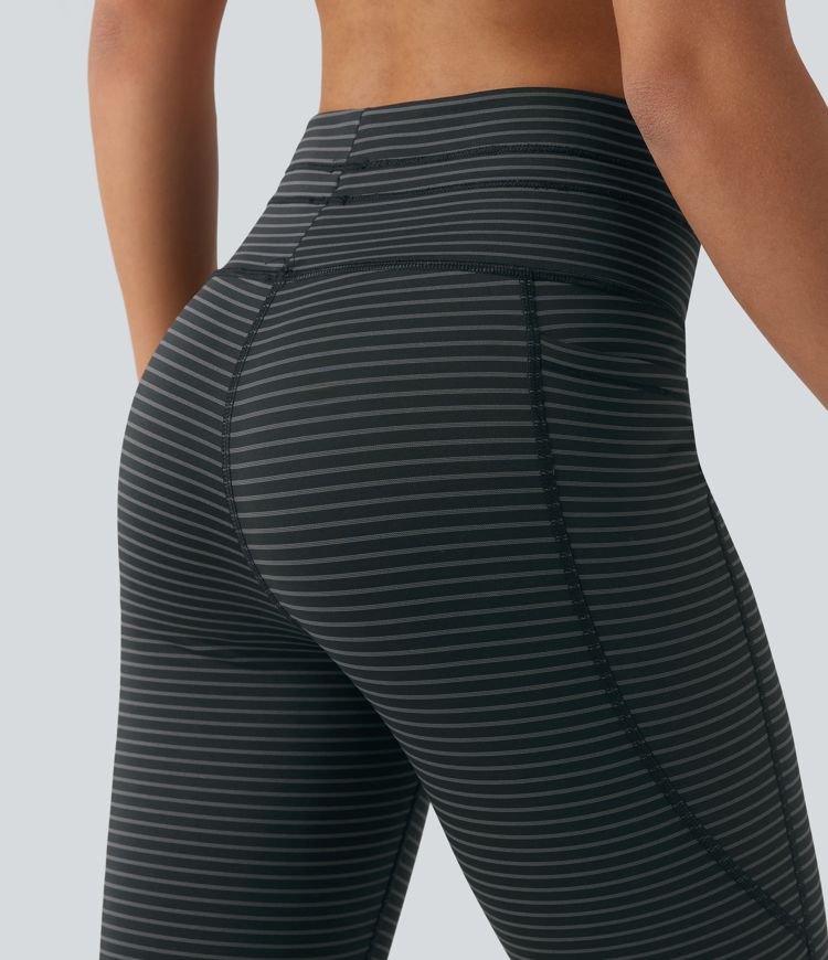 High Waisted Drawstring Stripe Capri Yoga Leggings with Pockets
