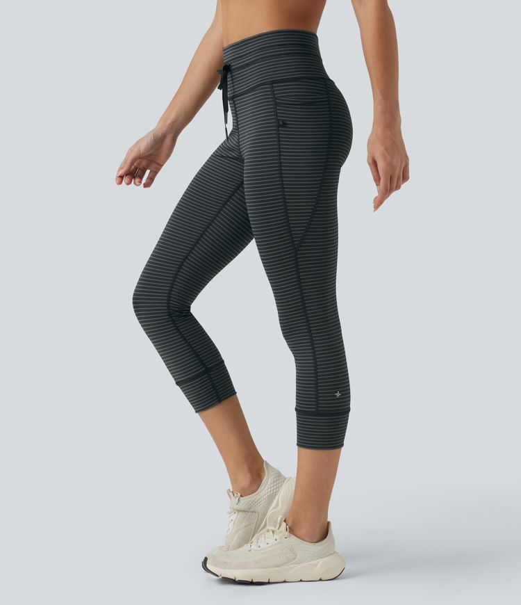 High Waisted Drawstring Stripe Capri Yoga Leggings with Pockets