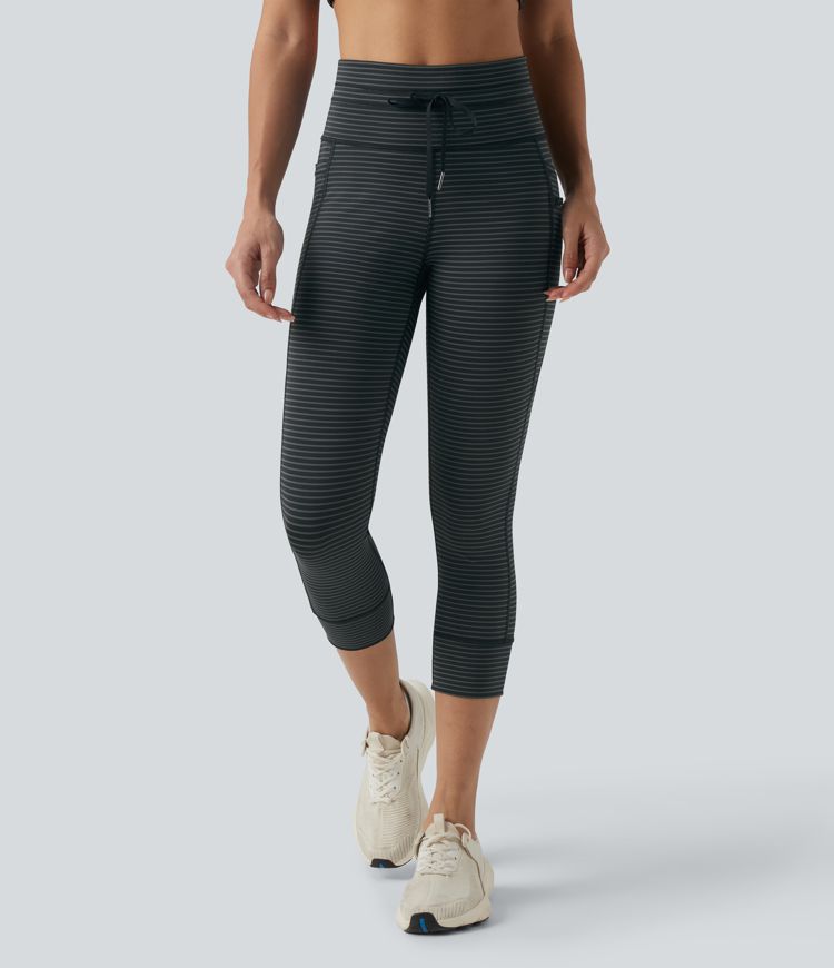 High Waisted Drawstring Stripe Capri Yoga Leggings with Pockets