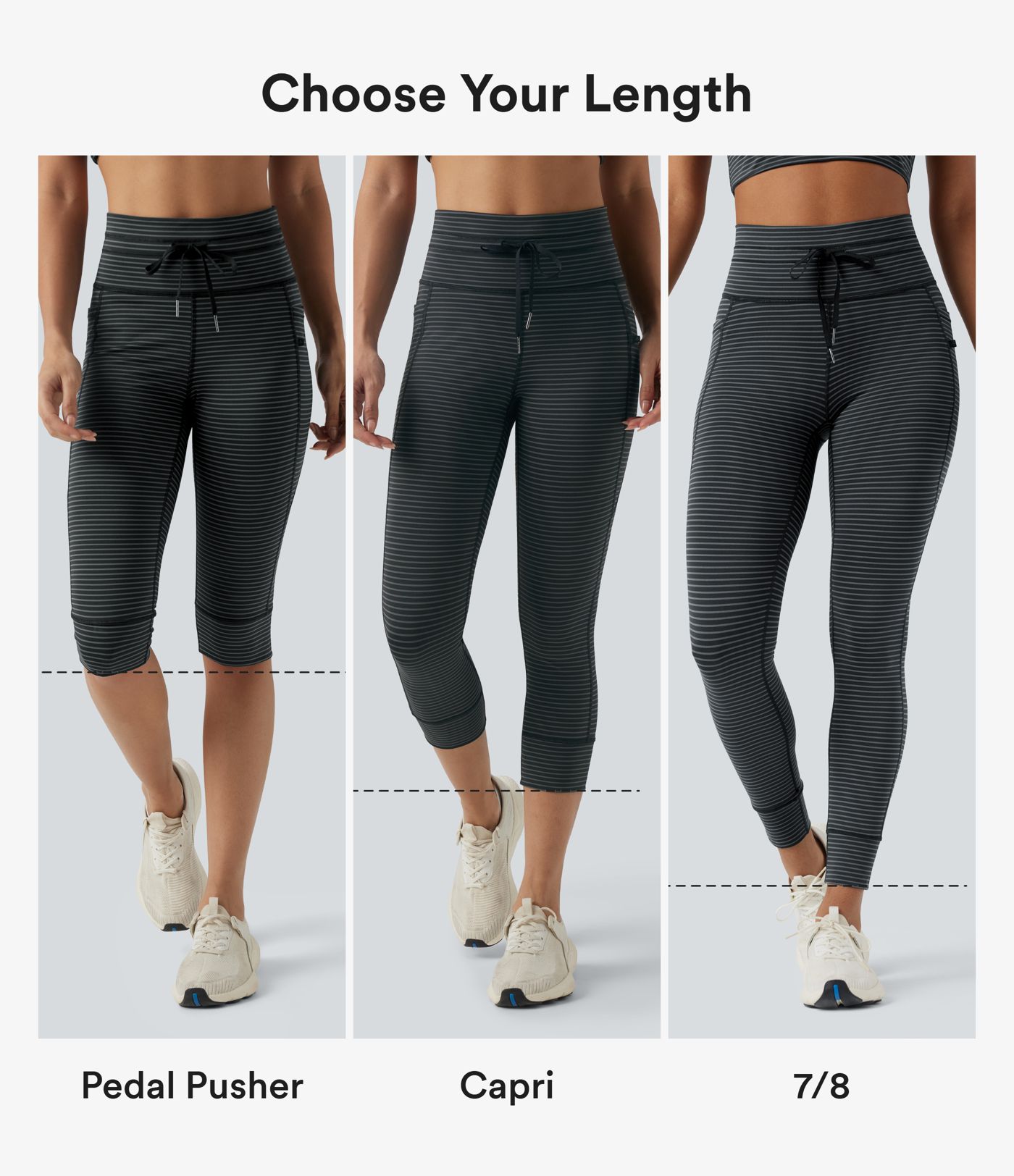 Pedal-Pusher-Yoga-Leggings mit hohem Bund, Seitentaschen, Kordelzug und Streifen