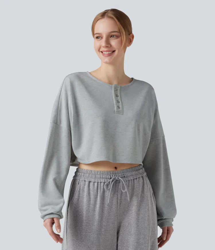 Henley Neck Long Sleeve Cropped Casual Sports Sweatshirt