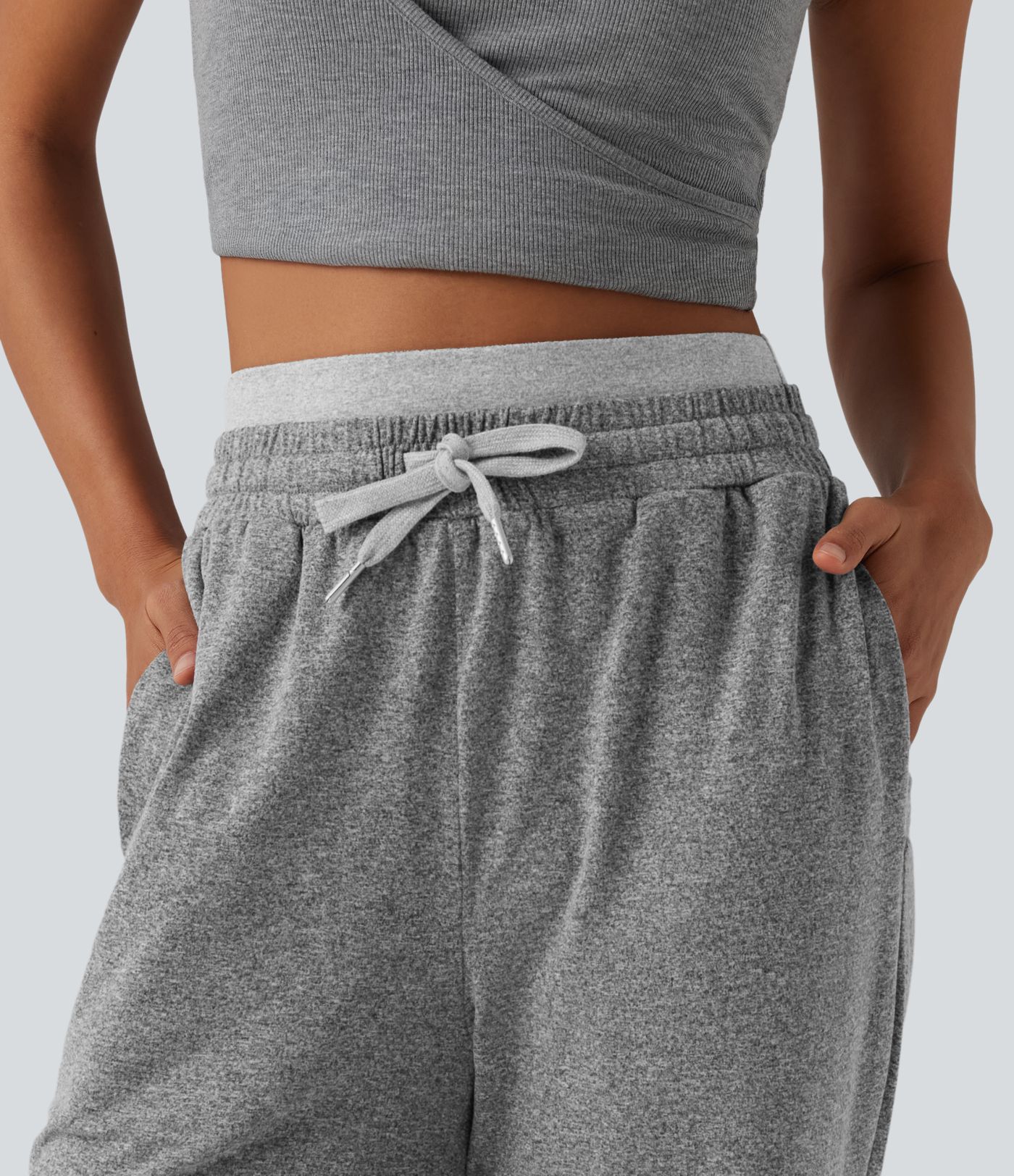 Double Waistband High Waisted Drawstring Heathered Yoga Straight Leg Pants with Pockets