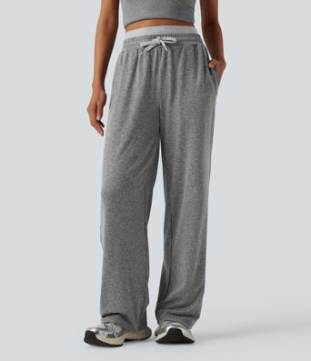 Double Waistband High Waisted Drawstring Heathered Yoga Straight Leg Pants with Pockets