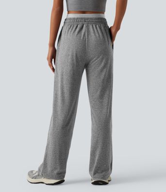 Double Waistband High Waisted Drawstring Heathered Yoga Straight Leg Pants with Pockets