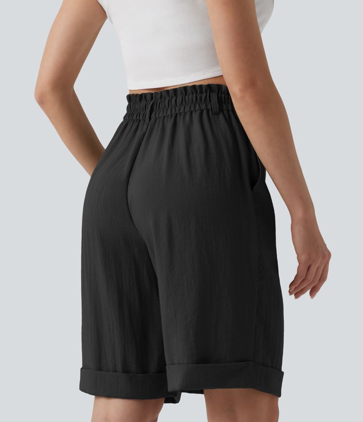 Urlaubs-Bermuda-Shorts in Leinenoptik mit hohem Bund, Seitentaschen und umgeschlagenem Saum