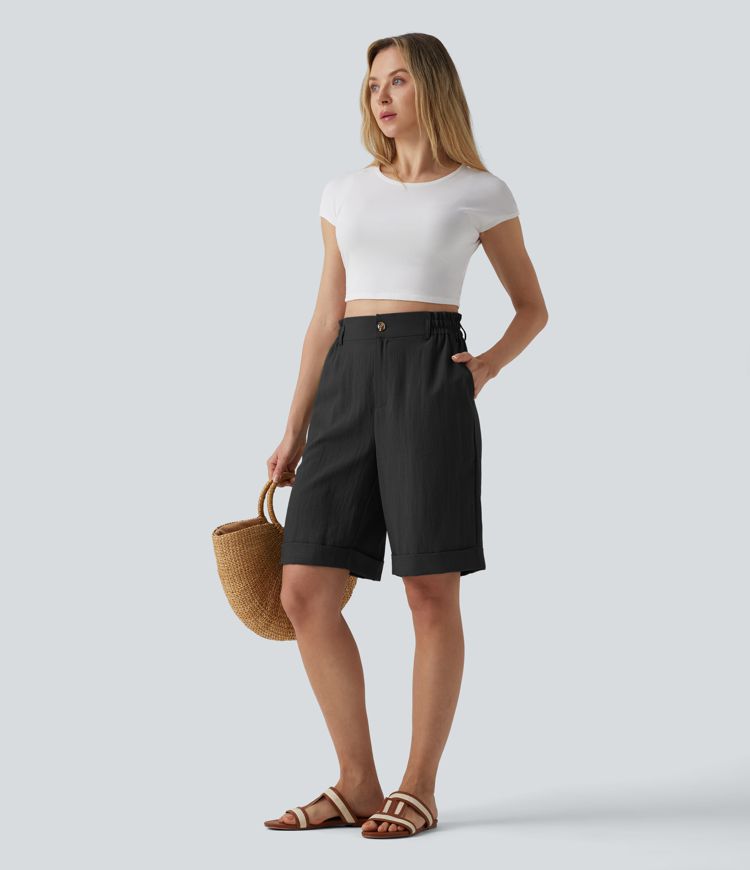 Urlaubs-Bermuda-Shorts in Leinenoptik mit hohem Bund, Seitentaschen und umgeschlagenem Saum