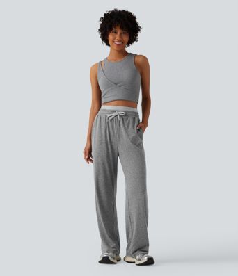 Double Waistband High Waisted Drawstring Heathered Yoga Straight Leg Pants with Pockets