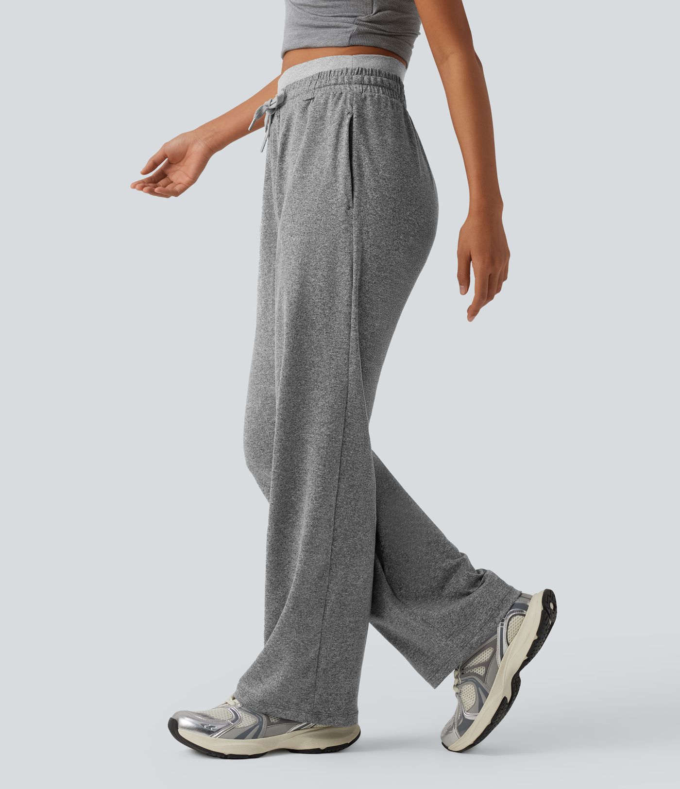 Double Waistband High Waisted Drawstring Heathered Yoga Straight Leg Pants with Pockets