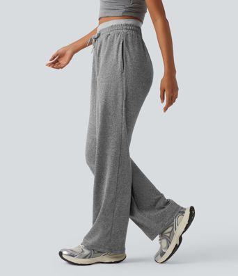 Double Waistband High Waisted Drawstring Heathered Yoga Straight Leg Pants with Pockets