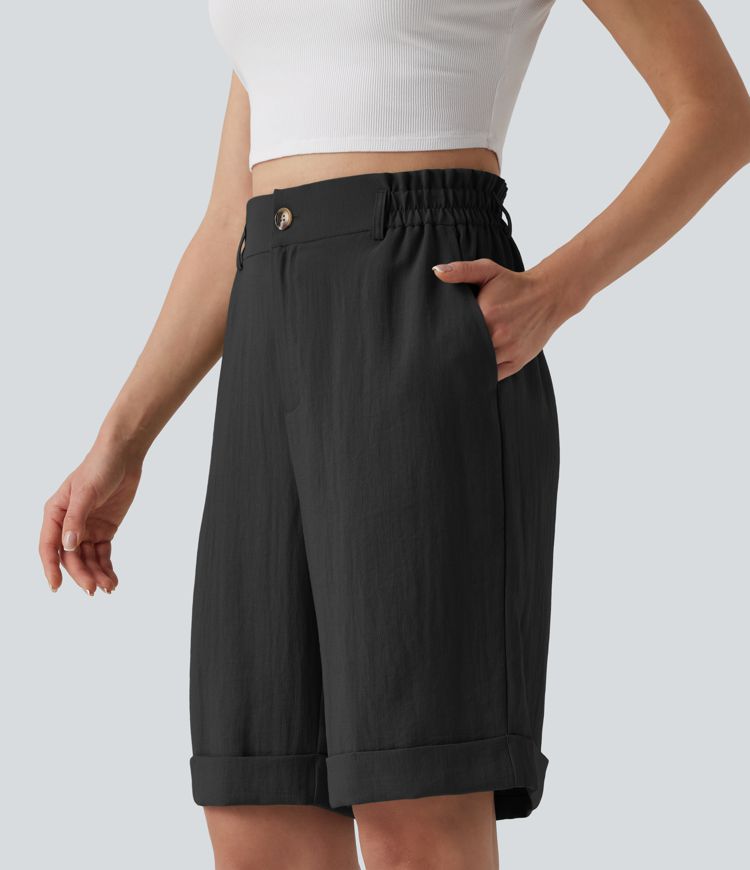 Urlaubs-Bermuda-Shorts in Leinenoptik mit hohem Bund, Seitentaschen und umgeschlagenem Saum