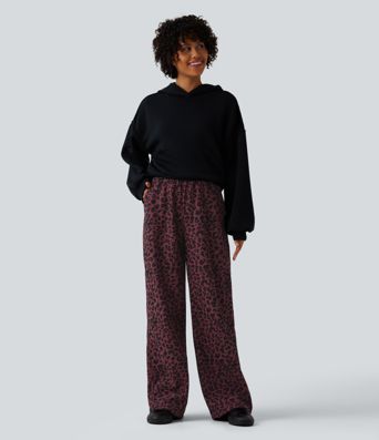Pantalon décontracté taille haute en velours imprimé léopard, coupe droite style 'mop', avec poches