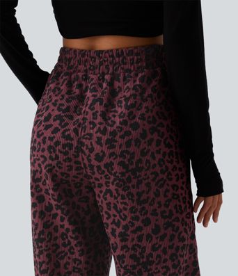 Pantalon décontracté taille haute en velours imprimé léopard, coupe droite style 'mop', avec poches
