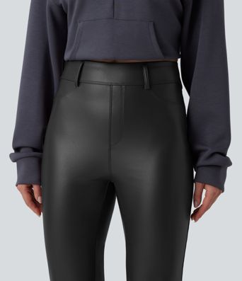 High Waisted Stretchy PU Fleece Casual Flare Pants with Pockets