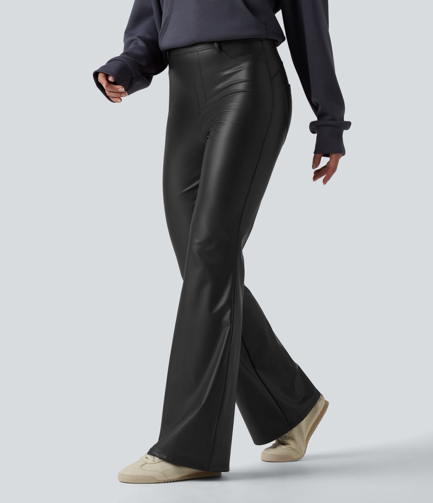 High Waisted Stretchy PU Fleece Casual Flare Pants with Pockets