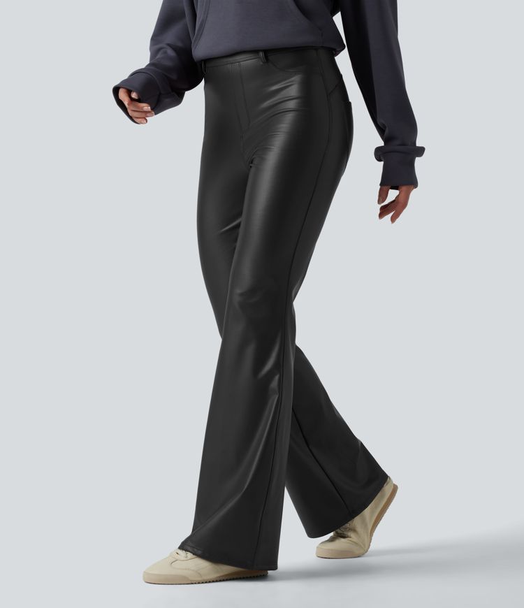 High Waisted Stretchy PU Fleece Casual Flare Pants with Pockets