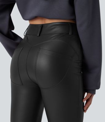 High Waisted Stretchy PU Fleece Casual Flare Pants with Pockets