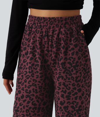 Pantalon décontracté taille haute en velours imprimé léopard, coupe droite style 'mop', avec poches