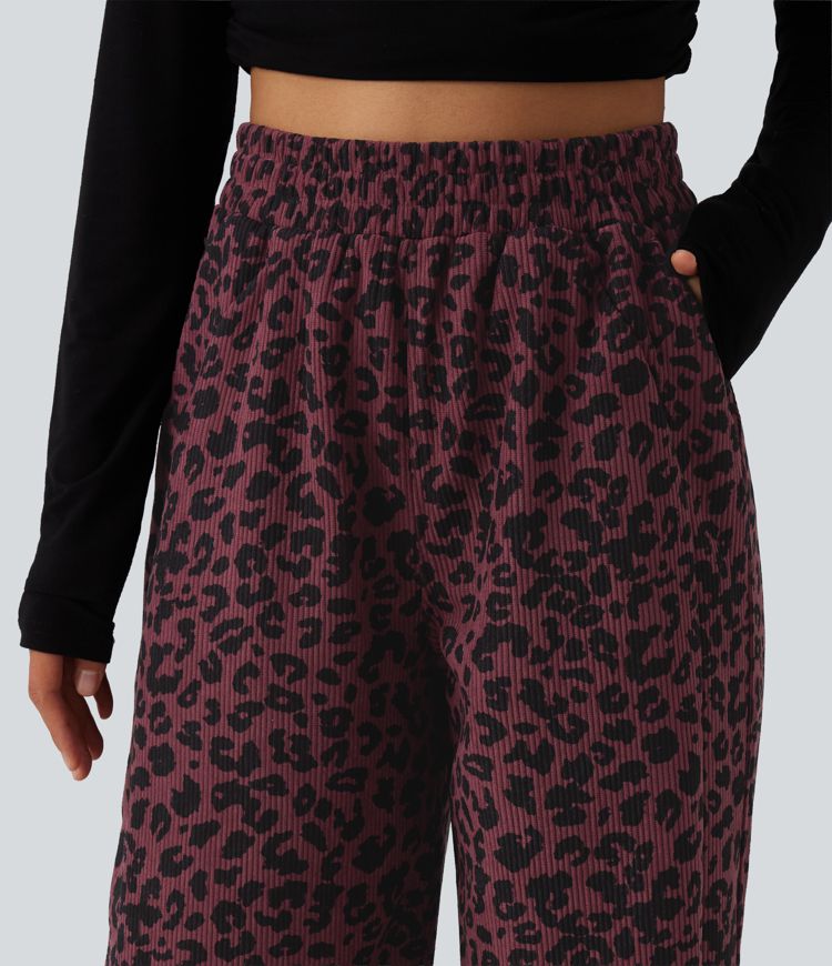 Pantalon décontracté taille haute en velours imprimé léopard, coupe droite style 'mop', avec poches