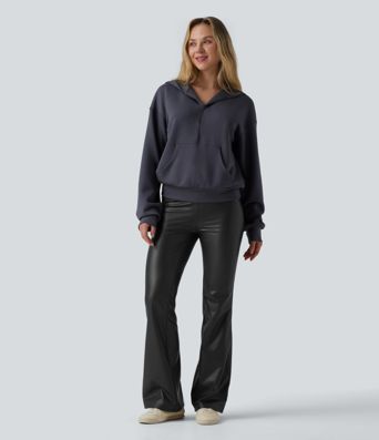 High Waisted Stretchy PU Fleece Casual Flare Pants with Pockets