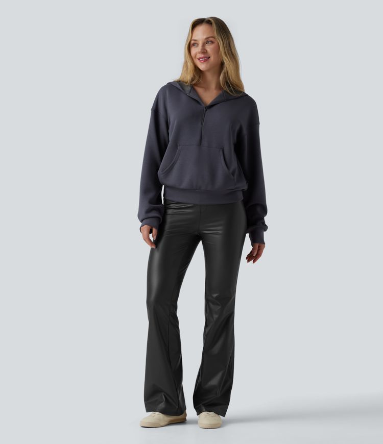 High Waisted Stretchy PU Fleece Casual Flare Pants with Pockets