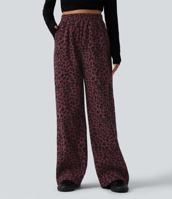 Pantalon décontracté taille haute en velours imprimé léopard, coupe droite style 'mop', avec poches