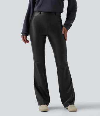 High Waisted Stretchy PU Fleece Casual Flare Pants with Pockets
