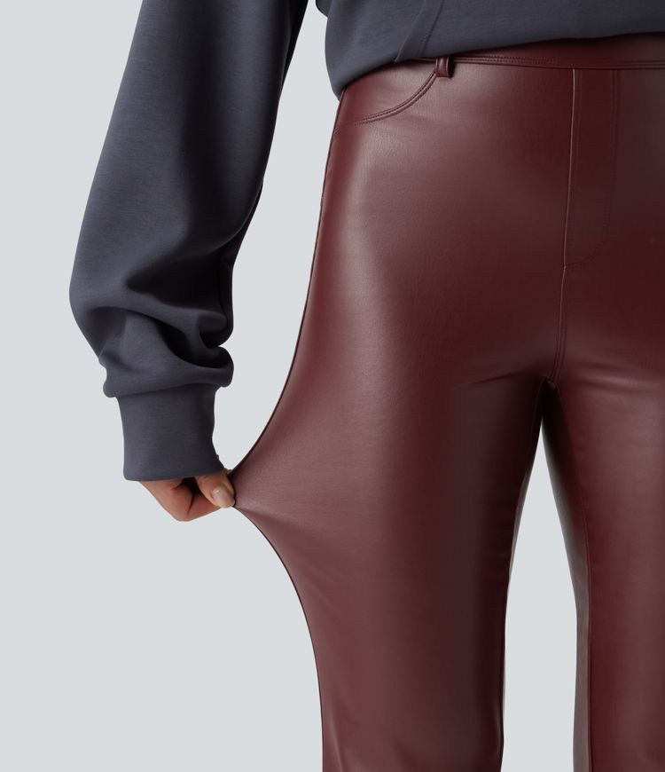 Lässige Fleece-Schlaghose aus Kunstleder mit hohem Bund und Gesäßtaschen