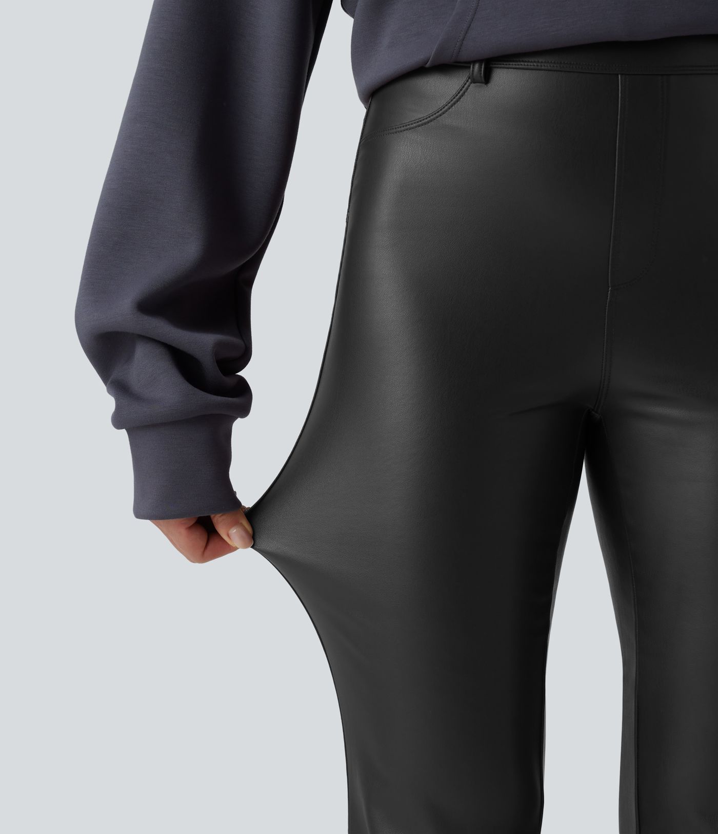 High Waisted Stretchy PU Fleece Casual Flare Pants with Pockets