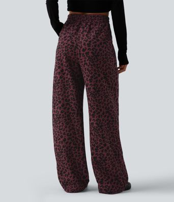 Pantalon décontracté taille haute en velours imprimé léopard, coupe droite style 'mop', avec poches