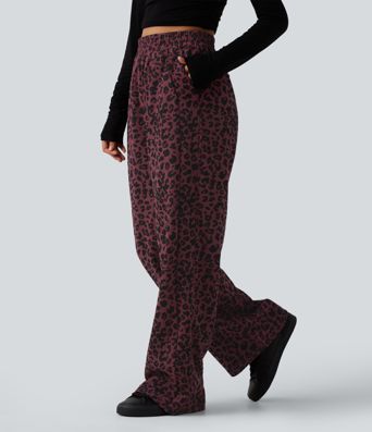 Pantalon décontracté taille haute en velours imprimé léopard, coupe droite style 'mop', avec poches