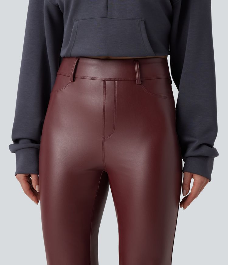 Lässige Fleece-Schlaghose aus Kunstleder mit hohem Bund und Gesäßtaschen