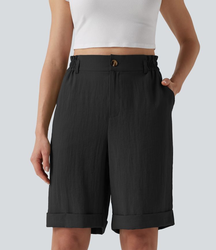 Urlaubs-Bermuda-Shorts in Leinenoptik mit hohem Bund, Seitentaschen und umgeschlagenem Saum