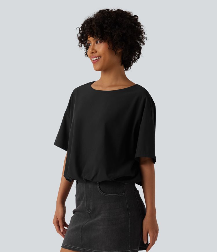 Izdržljiva vodoodbojna ležerna majica s okruglim izrezom, kratkim rukavima i balonastim rubom