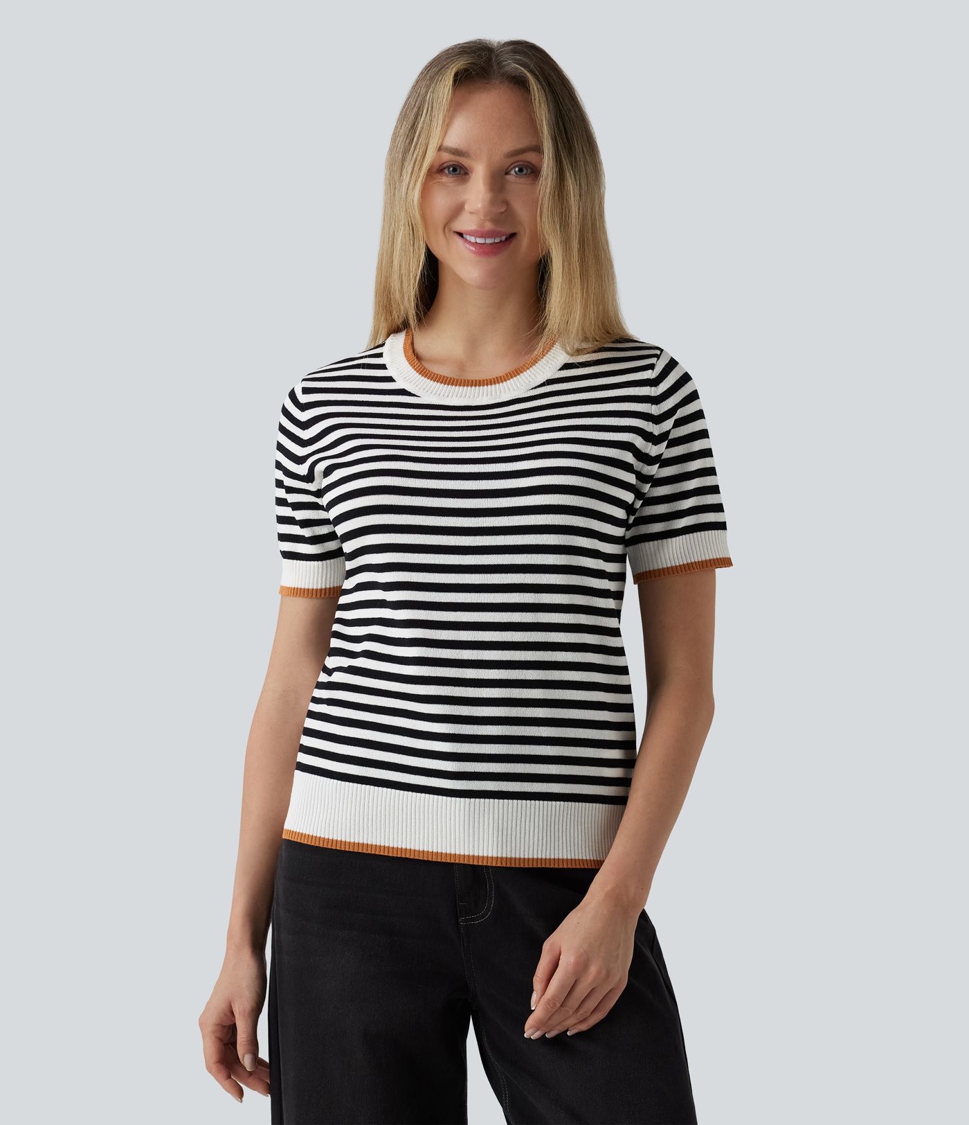 Round Neck Short Sleeve Stripe Casual Jumper