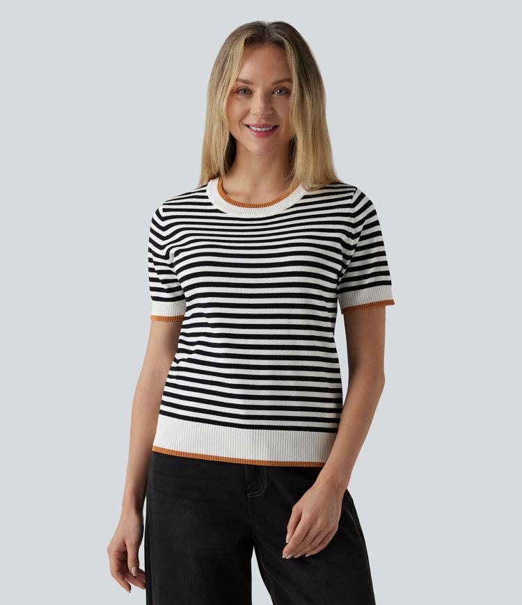 Round Neck Short Sleeve Stripe Casual Jumper