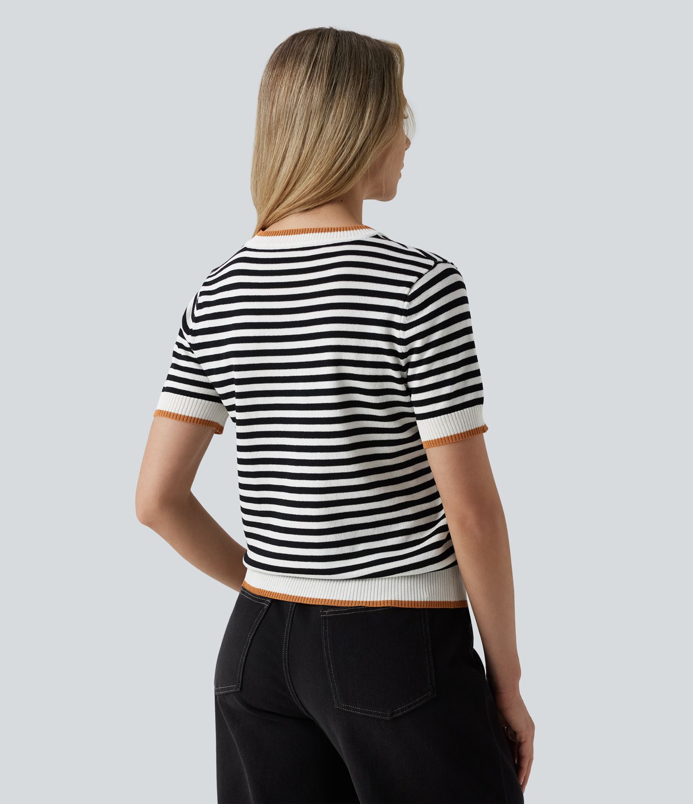 Round Neck Short Sleeve Stripe Casual Jumper