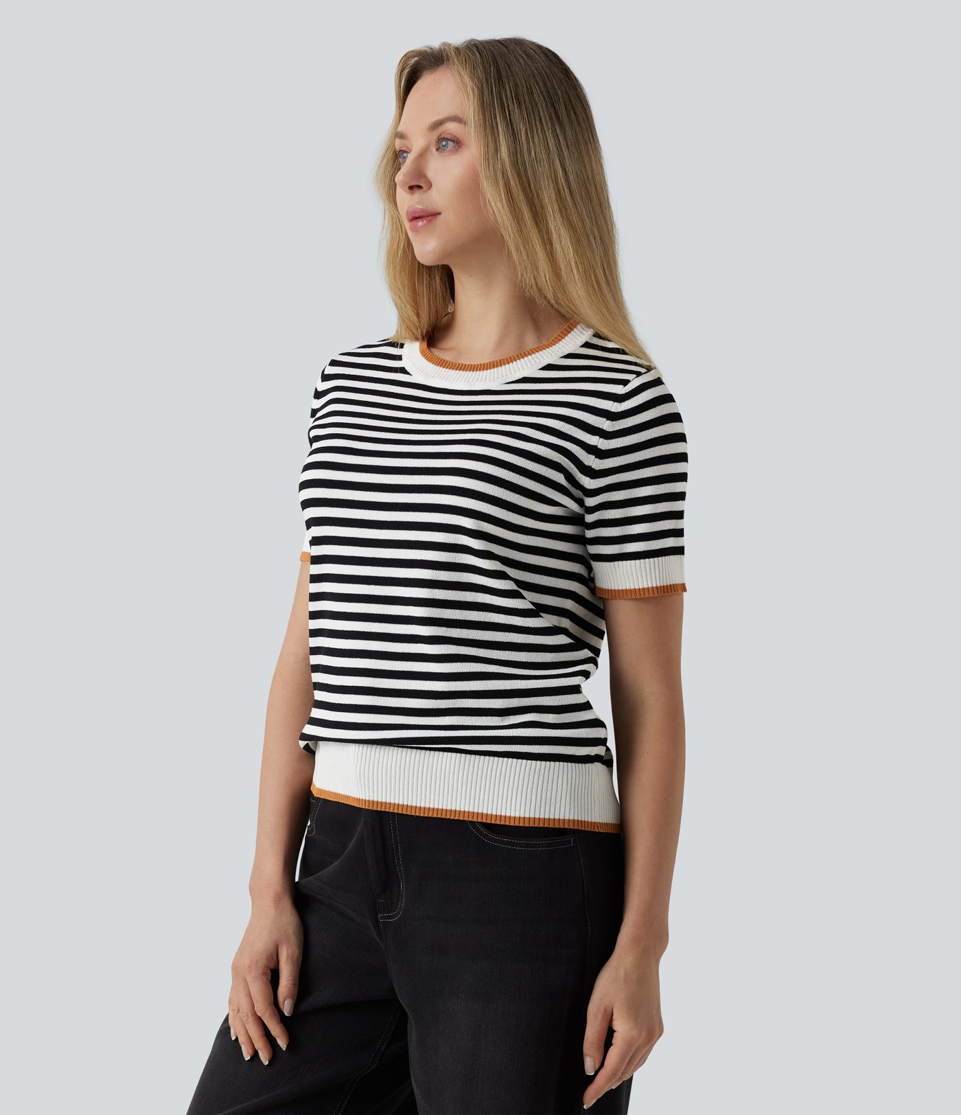 Round Neck Short Sleeve Stripe Casual Jumper