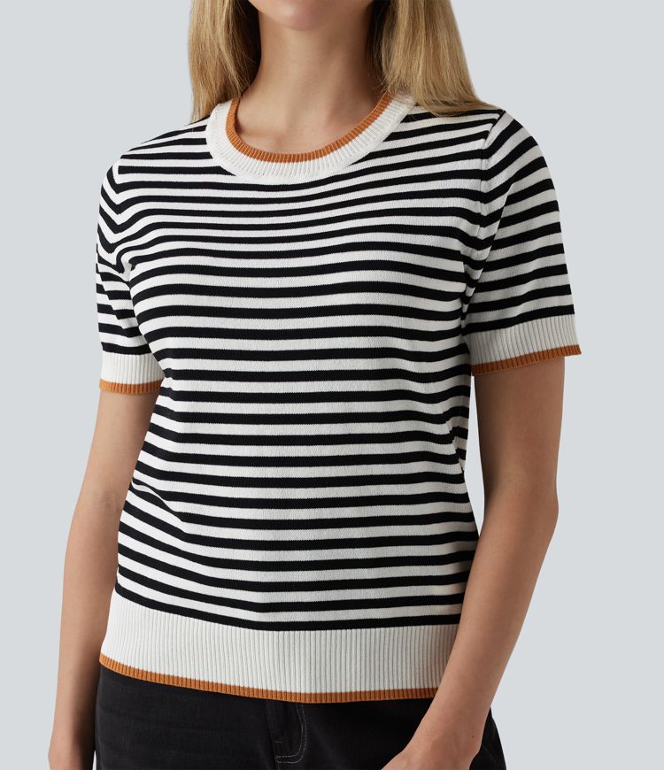 Round Neck Short Sleeve Stripe Casual Jumper