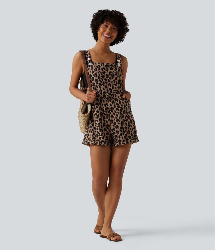 Lässige Jumpsuit mit mehreren Taschen, Leopardenmuster und Waffelstruktur