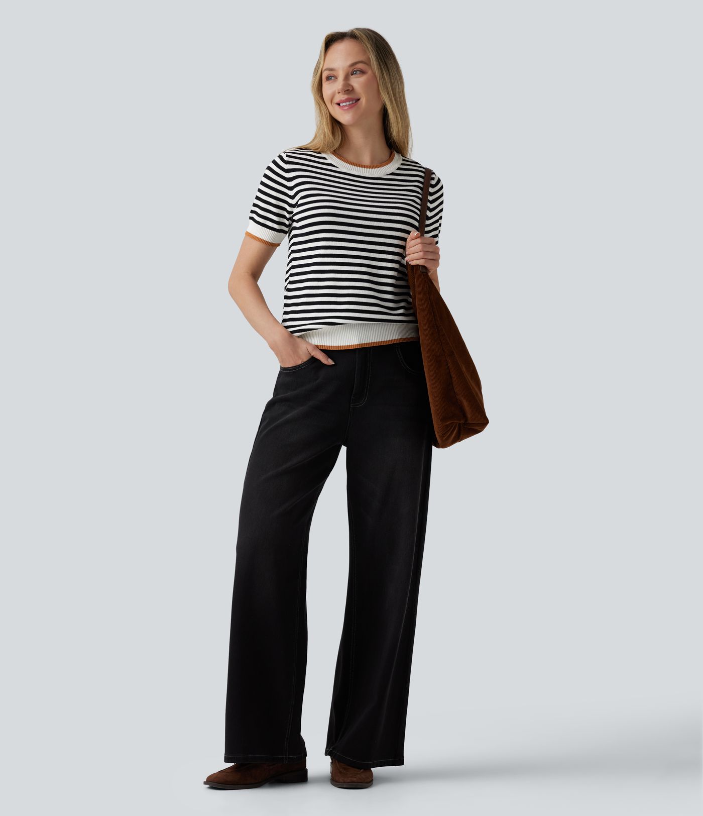 Round Neck Short Sleeve Stripe Casual Jumper