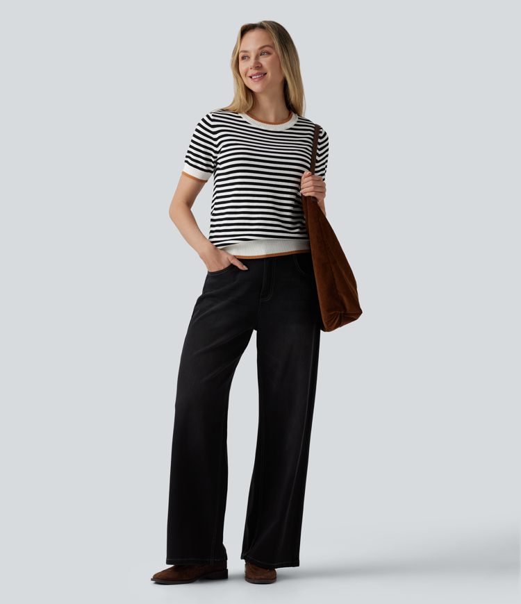 Round Neck Short Sleeve Stripe Casual Jumper