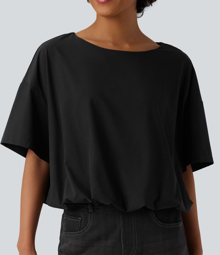 Izdržljiva vodoodbojna ležerna majica s okruglim izrezom, kratkim rukavima i balonastim rubom